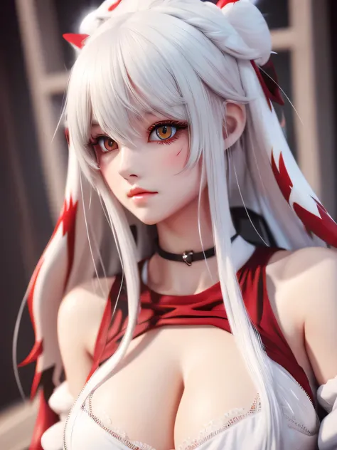 18 year old female，Milky white long hair，red eyes，beautiful eyes，very huge breasts，((3D anime style))，revealing clothes，