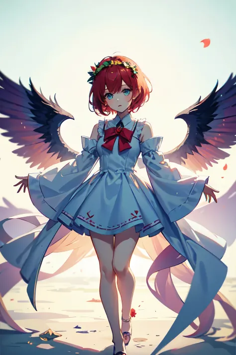 (character details + style) ddlc sayori, full body, short hair, goddess with vibrant colors, whited out eyes, flower crown, many giant wings with different forms and styles, red bow on head, coral colored hair, white flowing dress, (lens effect + lighting ...