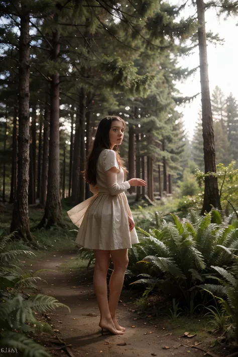 Illustration for a fairy tale about a girl, standing in the forest, who can talk to animals