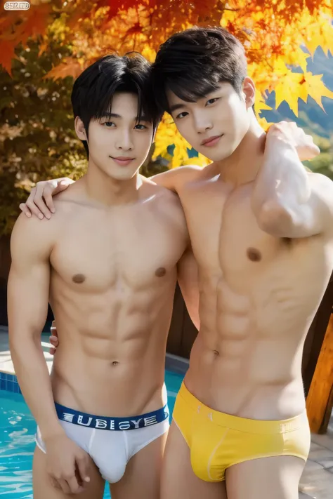 ((Two Young Korean male models)) , ((two sexy men)), white skin ,detailed skin, ((realistic)), good lighting quality, slim chest and abdominal muscles, (masterpiece, ultra quality, high resolution, 8k, intricate:1.2), (detailed face:1.2), handsome, bulge, ...