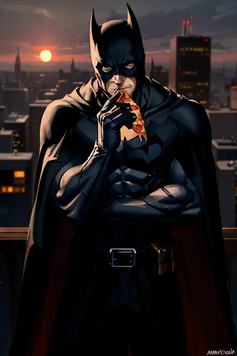 Depressed Batman, wearing cape and mask, lean and muscular build, deep-set grim eyes, unshaven facial hair, hands holding a slice of pizza, taking a bite, gazing at the sunset beyond the city skyline, realistic rendering, 4K, HDR, muted color palette, atmo...