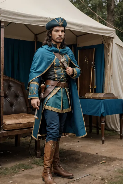 Very realistic Santiago Cabrera in rich noble musketeers renaissance costume blue and yellow colours. and leather musketeer hat with green piumino. with mortuary sword in hand. with high leather boots and blue cloak with golden embroidery.  in medieval ten...