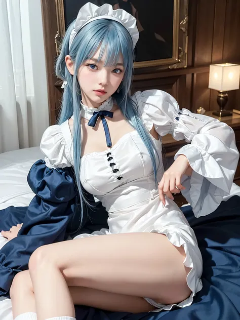 (1 Girl, English Maid, Cute, anatomically correct:1.5), UHD, masterpiece, textured skin, super detail, high details, high quality, best quality, 16k, 8k, (Solo Focus, Alone, Woman, Only 1 Girl:1.8), Large Breasts, (Maid, Mini Skirt, Ruffled Maid Headband, ...