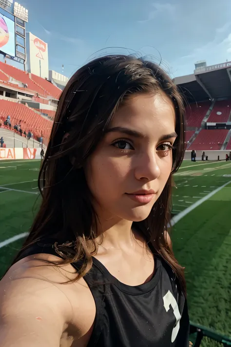 realistic left upper body front camera selfie of a beautiful young woman, background football stadium with people 