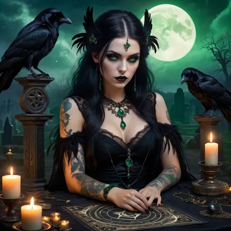 (highest quality,4k,ultra-detailed,realistic:1.2),a girl with a mysterious appearance,gothic portrait,(raven),intense gaze,pale skin,long black hair flowing in the wind,dark and haunting atmosphere,tarot card motif,fortune tellers table,crystal ball,candle...