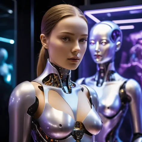 An exhibition showcasing AI-equipped autonomous female androids exhibiting various sex positions, adorned with a beautiful face and seductive gestures. The androids eyes, lips, and faces are exquisitely detailed, creating a mesmerizingly realistic appearan...