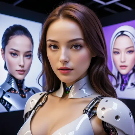 An exhibition showcasing AI-equipped autonomous female androids exhibiting various sex positions, adorned with a beautiful face and seductive gestures. The androids eyes, lips, and faces are exquisitely detailed, creating a mesmerizingly realistic appearan...