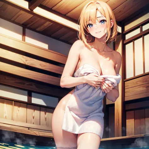 (​masterpiece:2.0), (top-quality:2.0), (leaning forward naked in the hot spring:1.5), (extremely short white Tube top towel:1.5), (Super Sexy Pose:1.5), (from below looking up:1.5), (Perfect exposed shoulders:1.5), (Perfect exposed nape:1.5), (blushed face...