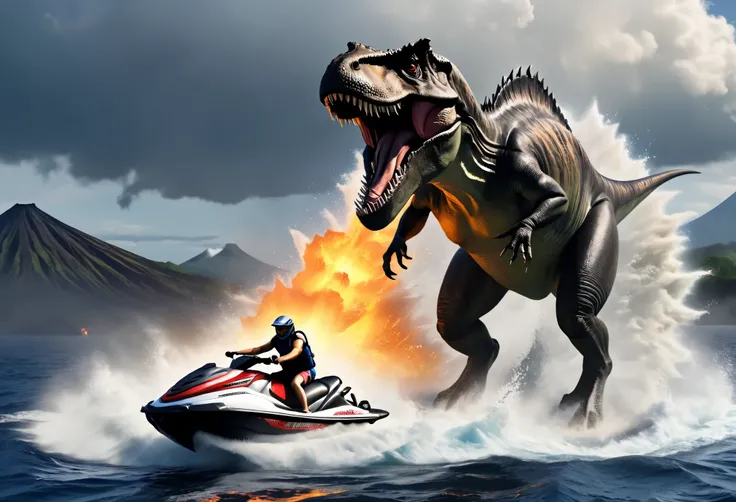 A tyrannosaurus is riding a jet ski in the middle of rough seas., Volcanic island in the background, The volcano is erupting violently., The images are very realistic.