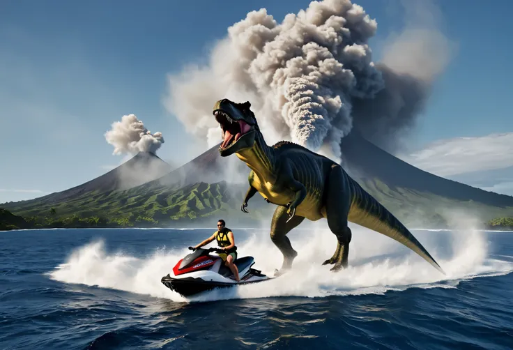 A tyrannosaurus is riding a jet ski in the middle of rough seas., Volcanic island in the background, The volcano is erupting violently., The images are very realistic.