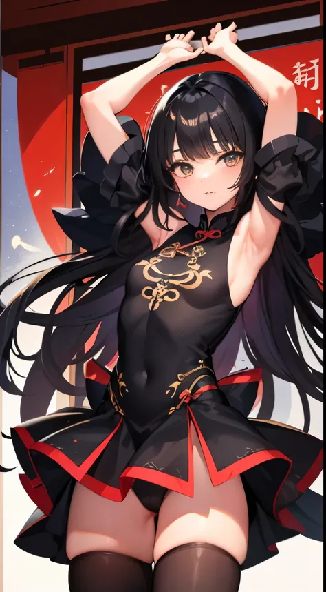 best quality,ultra-detailed,beautiful black hair,13years old,tareme,beautiful blown eyes,hime_cut,braked Chinese-style dresses, full body ,crouching, open leg, arms up,Cowboy shot