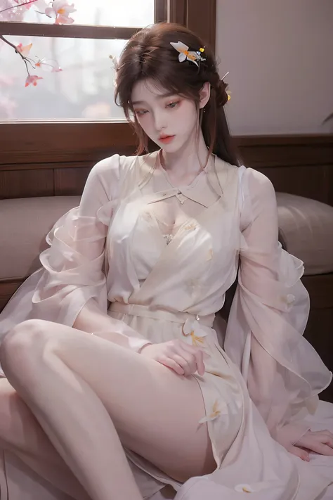 dress, ((knee shot)), fashi-girl, red lips, mature female, makeup, photorealestic、real photograph、((realisticlying:1.5))、There are white butterfly orchids around the hair，Lilac dendrobium、white lilies、1 girl in、Brown hair、floated hair、Hazy beauty、A plump c...