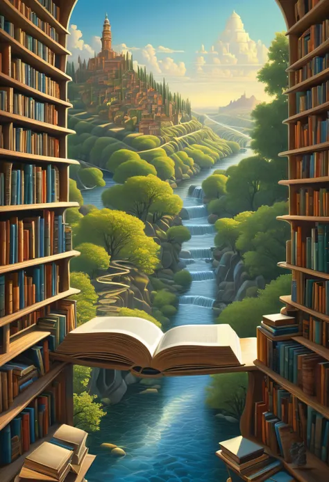 A picture of a bookshelf with a river in the middle, inspired by Jacek Yelka, by Jacek Yelka, endless books, Jacek Yelka and Vladimir Kush, Library of Babel, endless library, Rob Gonsalves and Tim White, the Library of Babel, Bone Space Library Artwork, In...