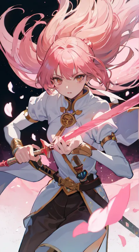 22-year-old female, long pink hair, brown eyes, Thin, Big  , Swordsman, Western style silver white light clothing, pink sword, scabbard, Make it like tarot anime style but without the frame, The eyes are firm, pink energy, Sakura petals, Pink Blade Spread