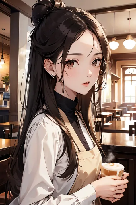 best quality, highres,Slender、brown eyes、tall、black hair、（Forehead exposed:1.7)、(semi-long:1.3),bun hair、(Cafe:1.4)、black blouse
