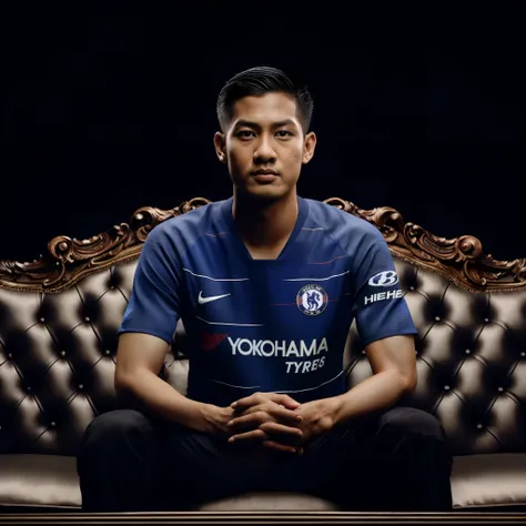 foto studio seorang lelaki indonesia umur 30 tahun rambut PENDEK 1 cm tanpa Bethel, memakai jersey bola Chelsea, sedang duduk di sofa mewah, menghadap kamera, background warna hitam