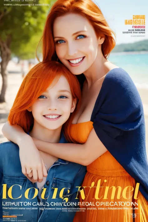 A mother and daughter orange hair blue eyes on a magazine cover, vibrant colors, high-resolution, realistic portrayal, fashion-forward, loving bond, trendy attire, captivating smiles, natural beauty, professional lighting, contemporary style, artistic comp...