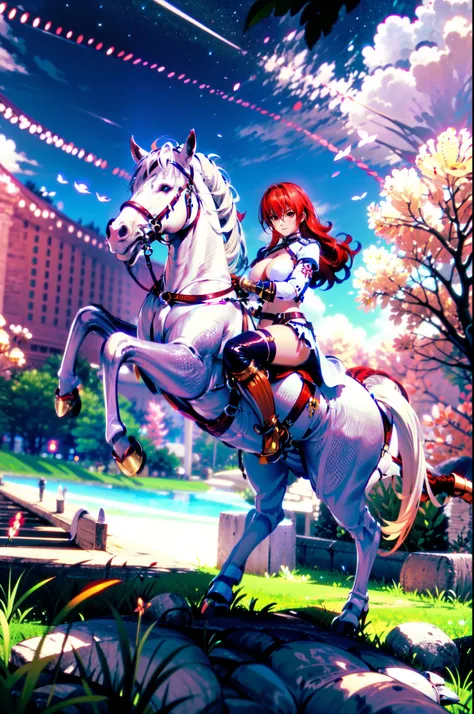 4k, masterpiece, solo, long hair, straight hair, between eyes bangs, {red hair}, brown eyes, large breast, riding on a white horse, (white horse: 1.0, white hair, bridle, saddle, stir ups, reins: 1.2), grass land, (warrior armor, pink miniskirt, white boot...