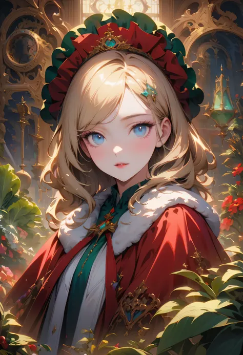 beautiful queen portrait, blonde hair, perfect blue eyes, with brilliant, Impossibly Eye-catching Big Christmas Headdress, Clothes Santa Claus Robe, all christmas, snow, Symmetrical, Dramatic studio lighting, Rococo, Baroque, Green vegetables, Asian, Surre...