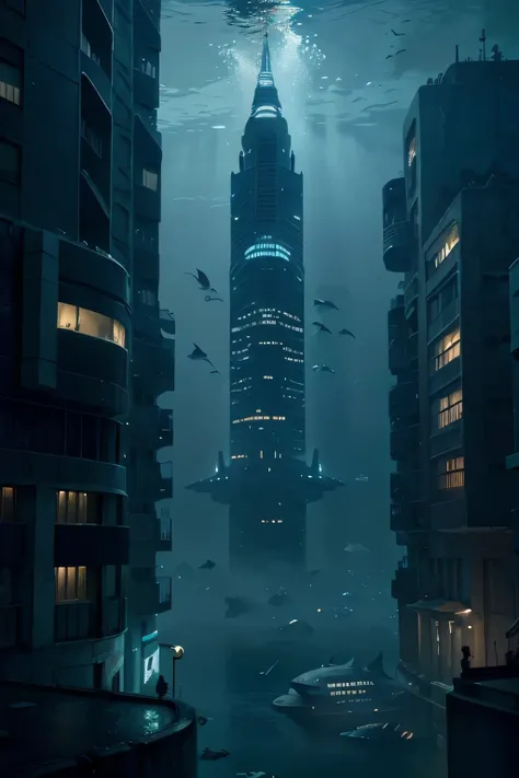 A drowned man , Futuristic underwater aquatic city. Whales swimming between buildings. Dark atmosphere. Underwater cityscape. Blue light. Underwater light. Aquatic. Concept Art.