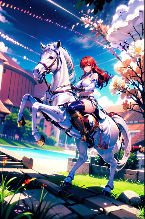 4k, masterpiece, solo, long hair, straight hair, between eyes bangs, {red hair}, brown eyes, large breast, riding on a white horse, (white horse: 1.0, white hair, bridle, saddle, stir ups, reins: 1.2), grass land, (warrior armor, pink miniskirt, white boot...