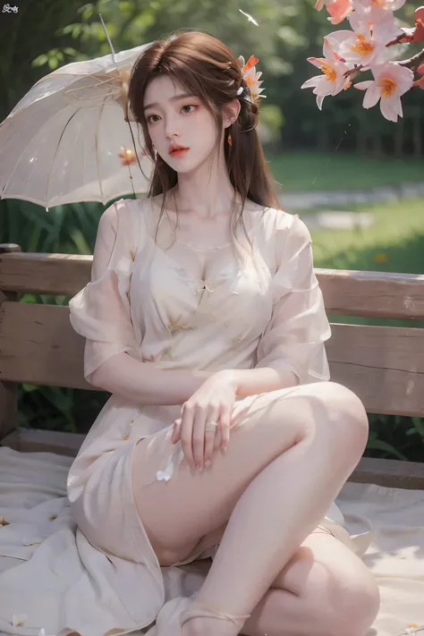 dress, ((knee shot)), fashi-girl, red lips, mature female, makeup, photorealestic、real photograph、((realisticlying:1.5))、There are white butterfly orchids around the hair，Lilac dendrobium、white lilies、1 girl in、Brown hair、floated hair、Hazy beauty、A plump c...