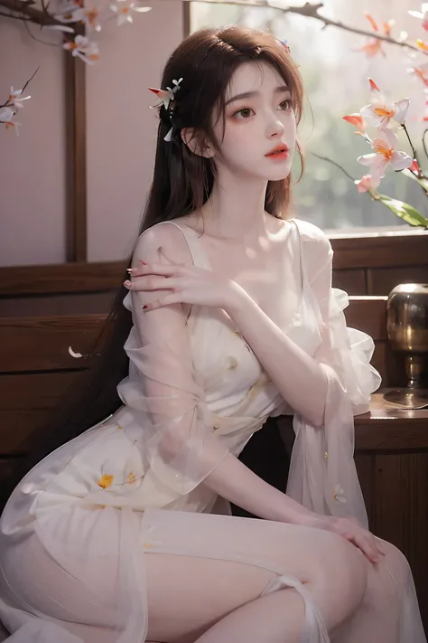 dress, ((knee shot)), fashi-girl, red lips, mature female, makeup, photorealestic、real photograph、((realisticlying:1.5))、There are white butterfly orchids around the hair，Lilac dendrobium、white lilies、1 girl in、Brown hair、floated hair、Hazy beauty、A plump c...