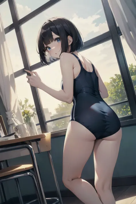 High quality、highest quality、complete limbs、Ultra high definition、vivid colors、droopy eyes、full finger、bob cut、slender beauty、knee high、school swimsuit、school swimwear、surprised、resort hotel、back angle