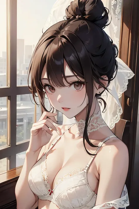 best quality, highres,Slender、brown eyes、tall、black hair、（Forehead exposed:1.7)、(bun hair:1.3),straight hair、luxury hotel、(White lace bra:1.5)、(white panties:1.3)
