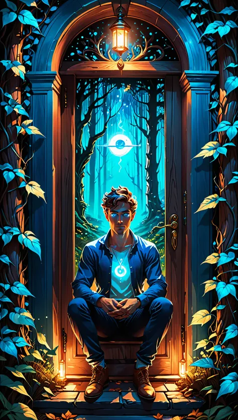 a man with glowing blue eyes sits in the doorway, cyril rolando и горо фудзита, inspired cyril rolando, in the style of cyril ro...