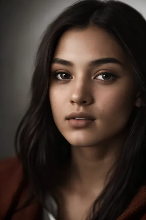 (close up, Editorial portrait of a 21-year-old woman), (Highly detailed face:1.4) (He smiles:0.7) (The background is dark inside, Moody, Private study:1.3) Throw, By Lee Jeffries, Nikon D850, Film stock image ,4 Coda Portra 400 ,كاميرا f1.6 lens ,Rich colo...