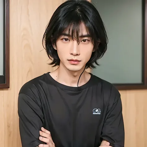 an Asian man, wearing dark grey shirt, black long hair, realistic