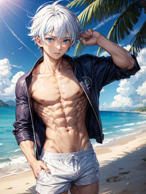 Anime guy about 15, shirtless, with blue eyes and white hair, muscular, 6 pack abs, with white shorts, on the beach  