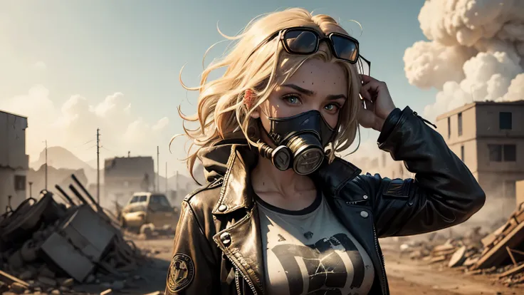 Post apocalyptic woman with a worn leather jacket, And a T-shirt covered in dust and dirt, She is wearing a gasmask, And her blonde hair waves gently in the winds of a town destroyed by nukeclear bombs.