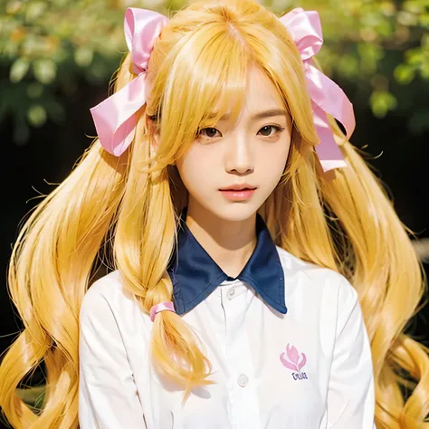 an Asian woman, wearing white shirt, golden hair with pink ribbons, realistic