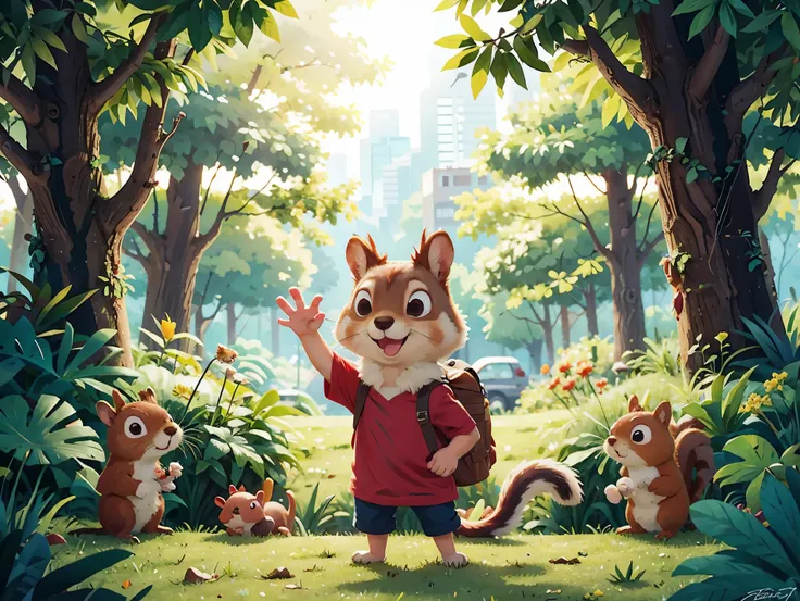 Sammy, the Squirrel in the red shirt, waving goodbye to his friends as he sets off on another adventure.