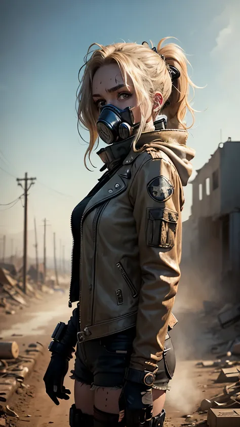 Post apocalyptic woman with a worn leather jacket, And a T-shirt covered in dust and dirt, She is wearing a gasmask, And her blonde hair waves gently in the winds of a town destroyed by nukeclear bombs.