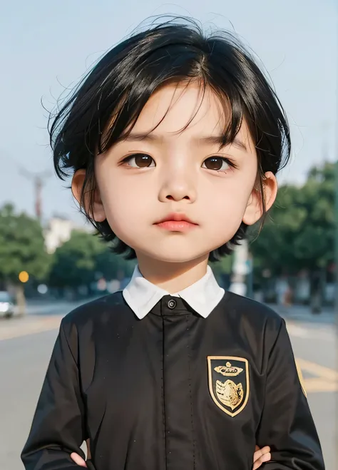 an Asian boy, short hair, golden eyes, wearing black uniform, he is looking straight into the camera, realistic