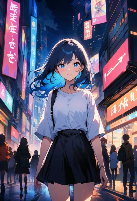 1 girl, Black_skirt, blue_hair, architecture, City, Cityscape, hair_between_Eye, Jacket, watching_exist_audience, Moderate_hair, colorful_hair, night, leave_Shoulder, outdoor, pleexisted_skirt, road, shirt, skirt, skyscrapers, Smile, alone_focus, street, w...