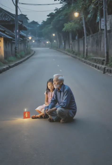 A old man and a 8 years old girl sitting on a road ,hue darkness uhd, there is girl Birthday ,sign board write this "today is my birthday"