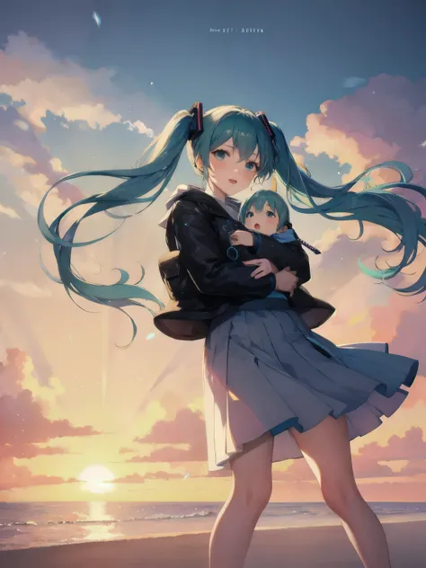 Hatsune Miku holding her baby in the air