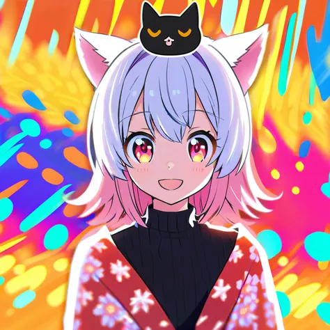 Cute anime catgirl with pink and white hair, wearing an oversized black top under a floral patterned dress, cat ears on her head, large expressive eyes, smiling expression, in the style of anime, colorful background, bright daylight lighting, high resoluti...