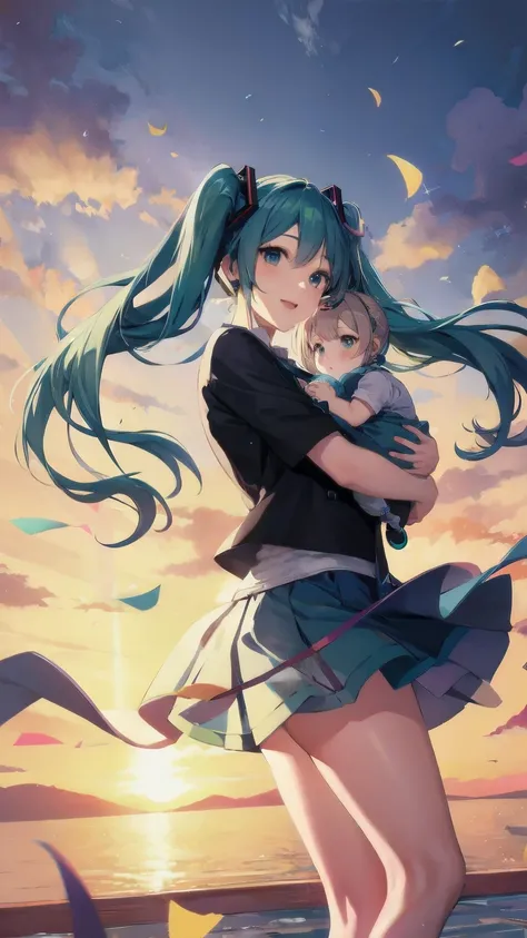 Hatsune Miku holding her baby in the air