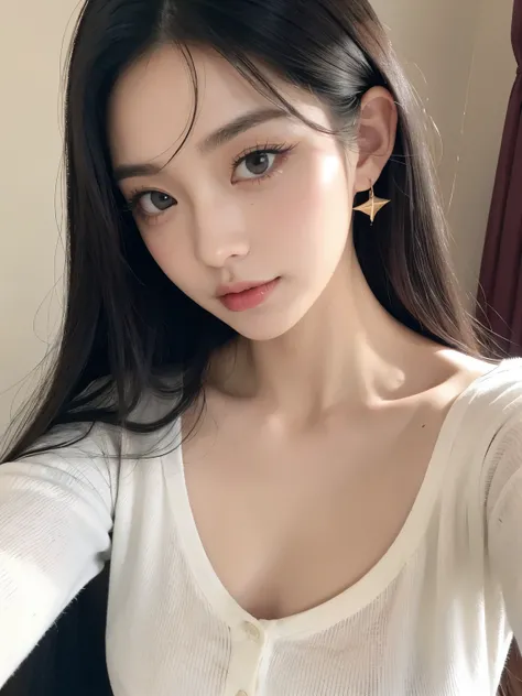 Kim jennie con el cabello negro oscuro, con rulos en las puntas del cabello negro oscuro, con un ganchito de estrella en el cabello negro oscuro, ojos de color claro, ojos bonitos, ojos llorosos, nariz bonita y respingada, labios bonitos, labios rosas, hea...