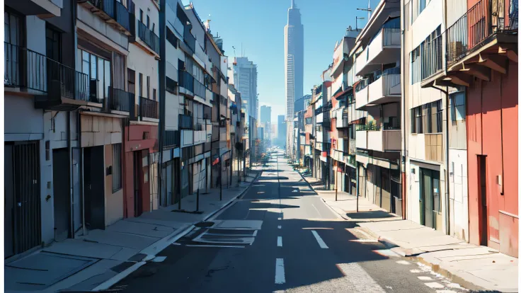 fondo para una novela visual de una calle con edificios destrozados, vista desde unos dos metros de altura, estilo anime. estilo one puchman.