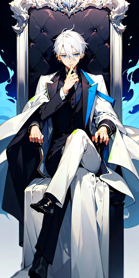 (masterpiece, best quality),1boy who has silver hair and blue eyes wearing a black suit with a white coat and sitting on a throne of azure flames 