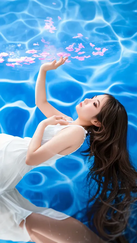 woman in white dress floating in blue pool with pink flowers, elegant floating pose, floating in water, dramatic floating pose, floating drowned, floating under water, submerged in water, floating in perfume, floathing underwater in a lake, closeup fantasy...