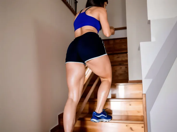 RAW, Best quality, high resolution, Masterpiece: 1.3, Beautiful brunette. Best quality, high resolution. Realistic, detailed and complete woman in a blue top and very short black shorts climbing a flight of stairs, side view of her taking steps, in shorts,...