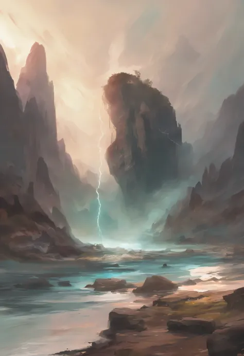 (masterpiece), anime, (photo_(medium):1.0), by Antonio J. Manzanedo, by Jeremy Lipking, giant mysterious rock in background, lightning, in a surreal landscape, painting style with watercolor, brushstrokes, cyberpunk, japanese aesthetic, pastel colors, mute...