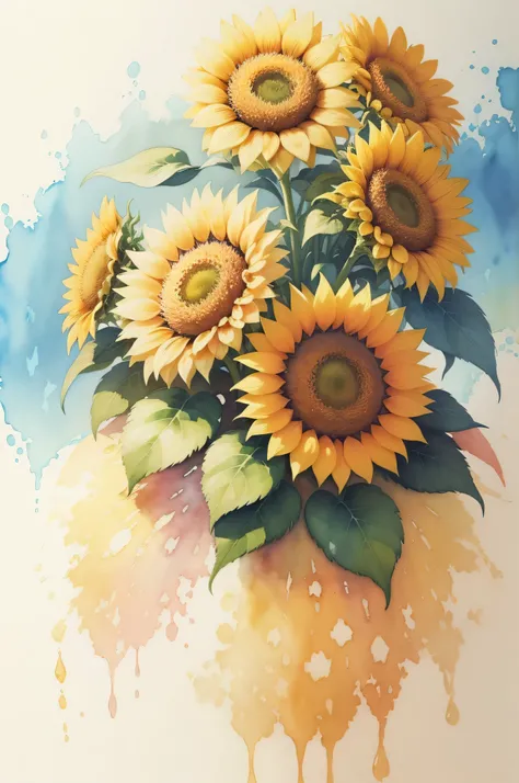 a painting of flowers on a white background with brown leaves, a watercolor painting by Alice Rahon, pinterest, baroque, yellow flowers, sunflowers, watercolor painting, watercolor painting style, water color painting, detailed watercolor painting, water c...